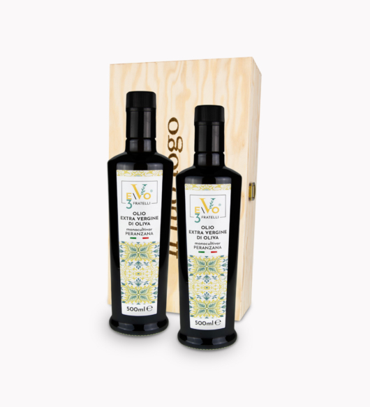 Set Regalo Bag Legno Personalizzata 2 Bottiglie Olio Extravergine di Oliva Peranzana 500 ml