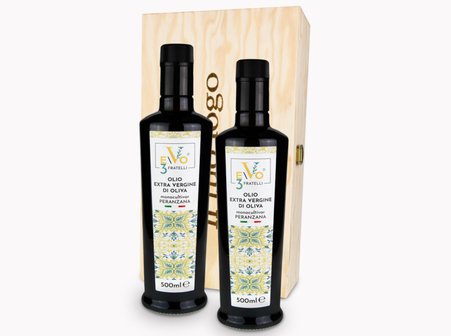 Set Regalo Bag Legno Personalizzata 2 Bottiglie Olio Extravergine di Oliva Peranzana 500 ml